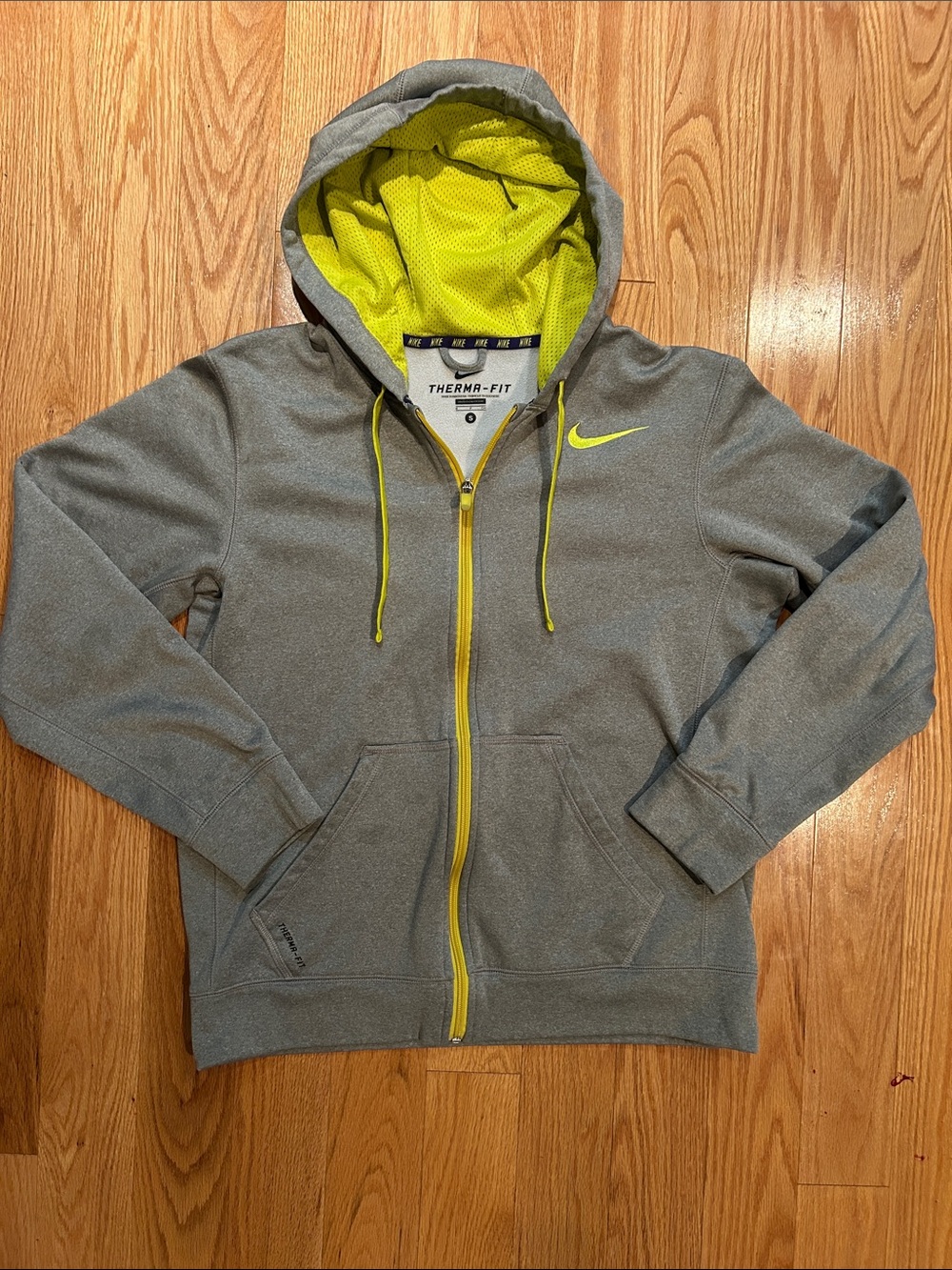 Nike Therma-Fit Gray Zip Up Hoodie with Neon Yellow Accents
